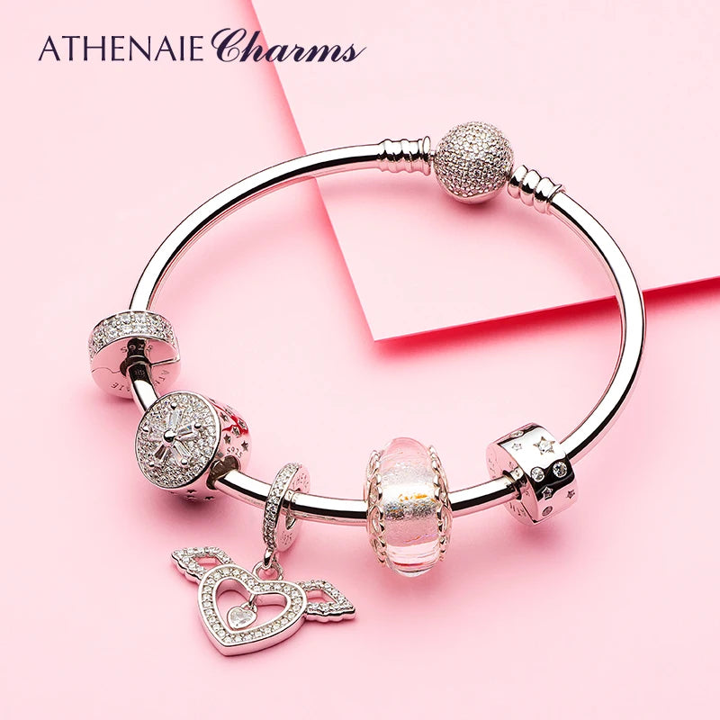 ATHENAIE Angel Wing Solid 925 Sterling Silver Charms Pendant Fit Bracelet Bangle for Women Jewelry Gift